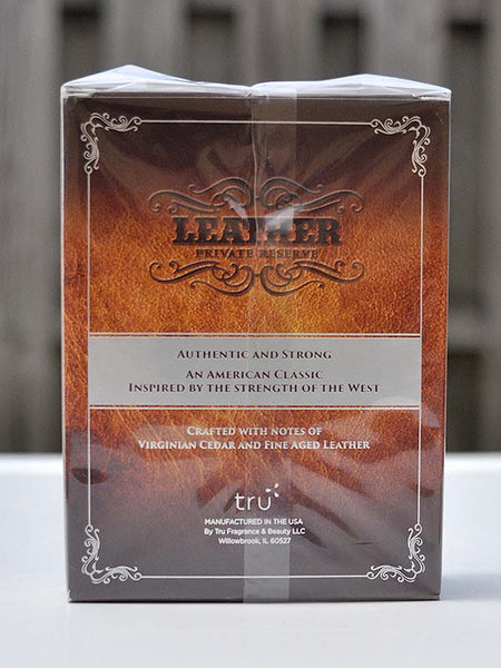Tru Fragrance 91573 Mens  Leather Private Reserve Cologne No. 1 back of box view. If you need any assistance with this item or the purchase of this item please call us at five six one seven four eight eight eight zero one Monday through Saturday 10:00a.m EST to 8:00 p.m EST