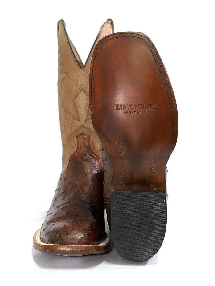 Lucchese CL1118.W8 Mens Cliff Ostrich Horseman Cowboy Boots Chocolate Tan back and front view. If you need any assistance with this item or the purchase of this item please call us at five six one seven four eight eight eight zero one Monday through Saturday 10:00a.m EST to 8:00 p.m EST