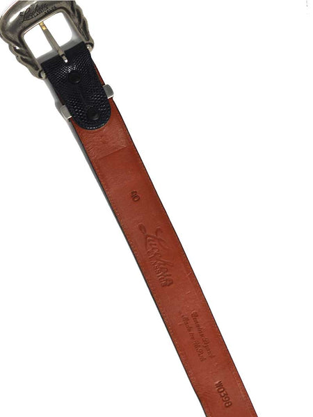 Lucchese W0398 Classics Made in USA Lizard Western Belts Navy Blue close up. If you need any assistance with this item or the purchase of this item please call us at five six one seven four eight eight eight zero one Monday through Saturday 10:00a.m EST to 8:00 p.m EST