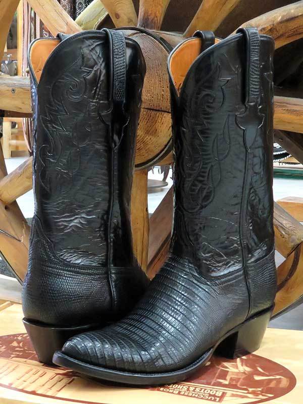 Lucchese G9030.24 Mens Classics Lizard Handmade Cowboy Boots Black side / front and back view pair. If you need any assistance with this item or the purchase of this item please call us at five six one seven four eight eight eight zero one Monday through Saturday 10:00a.m EST to 8:00 p.m EST