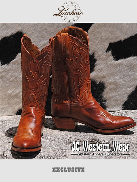 Lucchese GA9303.24 Mens Classics Ranch Hand Leather Boots Cognac Burnished front and side view pair. If you need any assistance with this item or the purchase of this item please call us at five six one seven four eight eight eight zero one Monday through Saturday 10:00a.m EST to 8:00 p.m EST