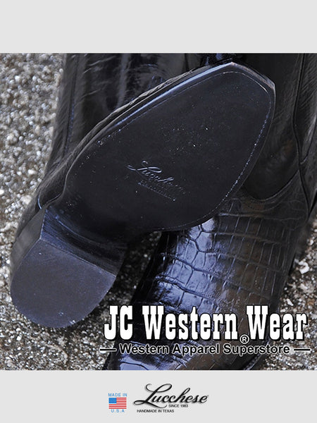 Lucchese GC9613.13 Mens Classics Ultra Caiman Belly Skin Boots Black sole view and top view pair. If you need any assistance with this item or the purchase of this item please call us at five six one seven four eight eight eight zero one Monday through Saturday 10:00a.m EST to 8:00 p.m EST