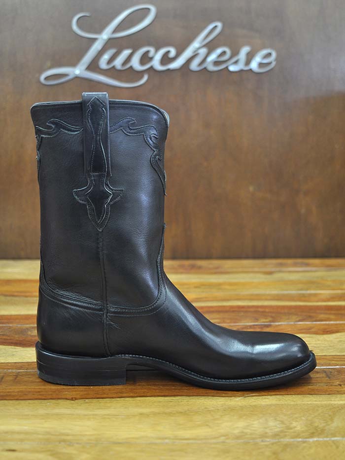 Lucchese L3556.RR Mens Classic Buffalo Calf Roper Boots Black side / front view. If you need any assistance with this item or the purchase of this item please call us at five six one seven four eight eight eight zero one Monday through Saturday 10:00a.m EST to 8:00 p.m EST