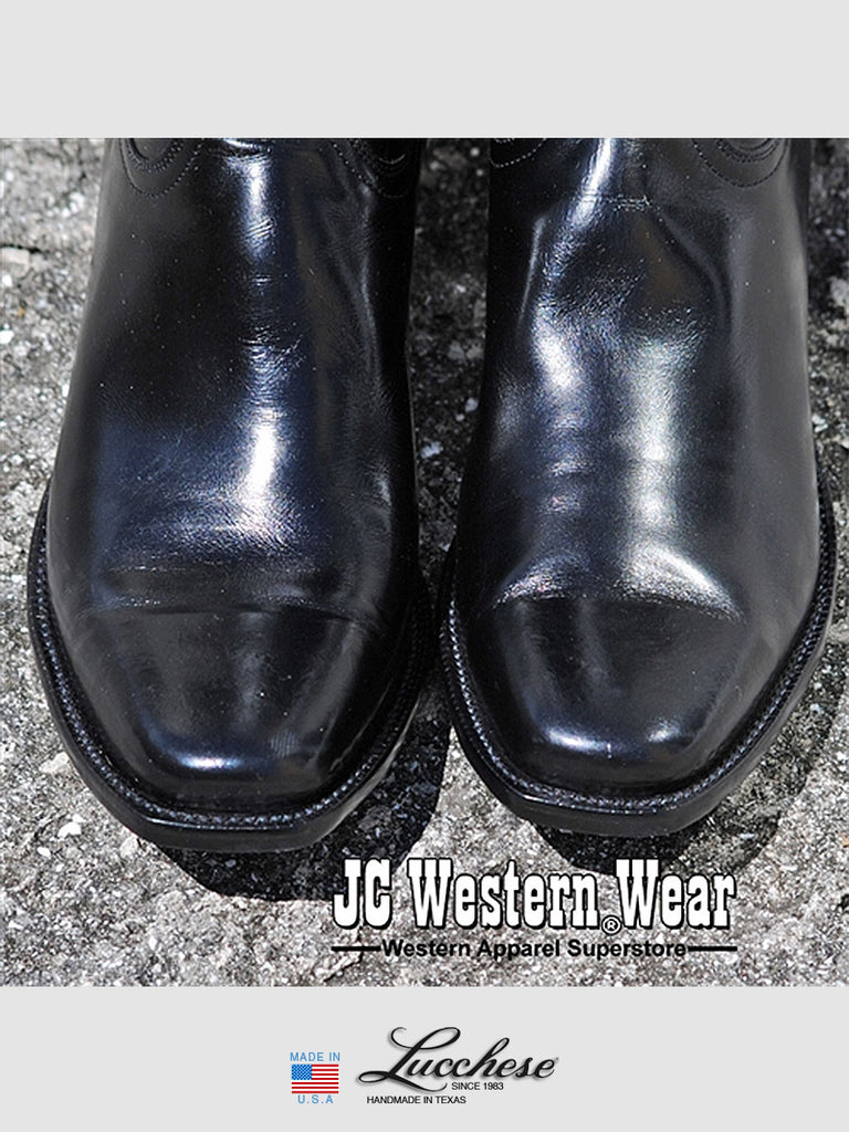 Lucchese L9500.K8 Mens Classics Calf Skin Western Cowboy Boots Black side and front view pair. If you need any assistance with this item or the purchase of this item please call us at five six one seven four eight eight eight zero one Monday through Saturday 10:00a.m EST to 8:00 p.m EST