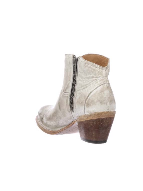 Lucchese M6007 Womens Ericka Low Scallop Bootie Distressed White front and side view. If you need any assistance with this item or the purchase of this item please call us at five six one seven four eight eight eight zero one Monday through Saturday 10:00a.m EST to 8:00 p.m EST