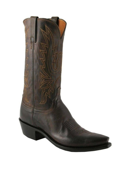 Lucchese N1556.54 Mens CORBIN Mad Dog Goat Snip Toe Boots Dark Chocolate Brown front and side view. If you need any assistance with this item or the purchase of this item please call us at five six one seven four eight eight eight zero one Monday through Saturday 10:00a.m EST to 8:00 p.m EST