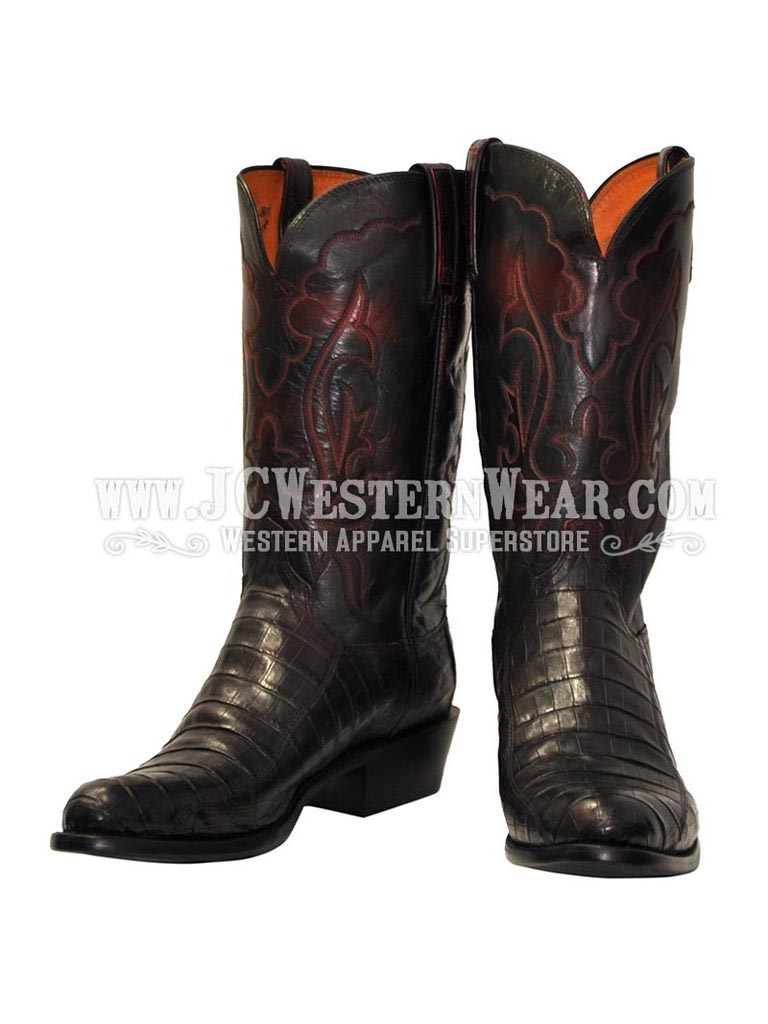 Lucchese N9582.R4 Mens 1883 Western Leather Ultra Belly Caiman Boot Black Cherry outter side / front view. If you need any assistance with this item or the purchase of this item please call us at five six one seven four eight eight eight zero one Monday through Saturday 10:00a.m EST to 8:00 p.m EST