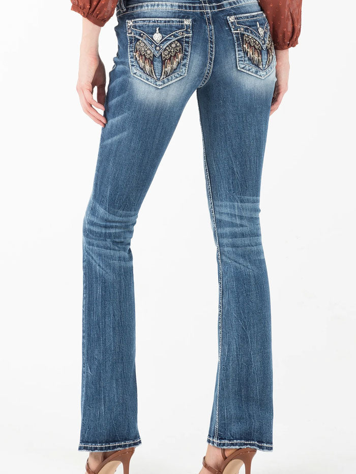 Miss Me M5082B111 Women's Sparkle Life Bootcut Jeans Medium Blue back close up. If you need any assistance with this item or the purchase of this item please call us at five six one seven four eight eight eight zero one Monday through Saturday 10:00a.m EST to 8:00 p.m EST