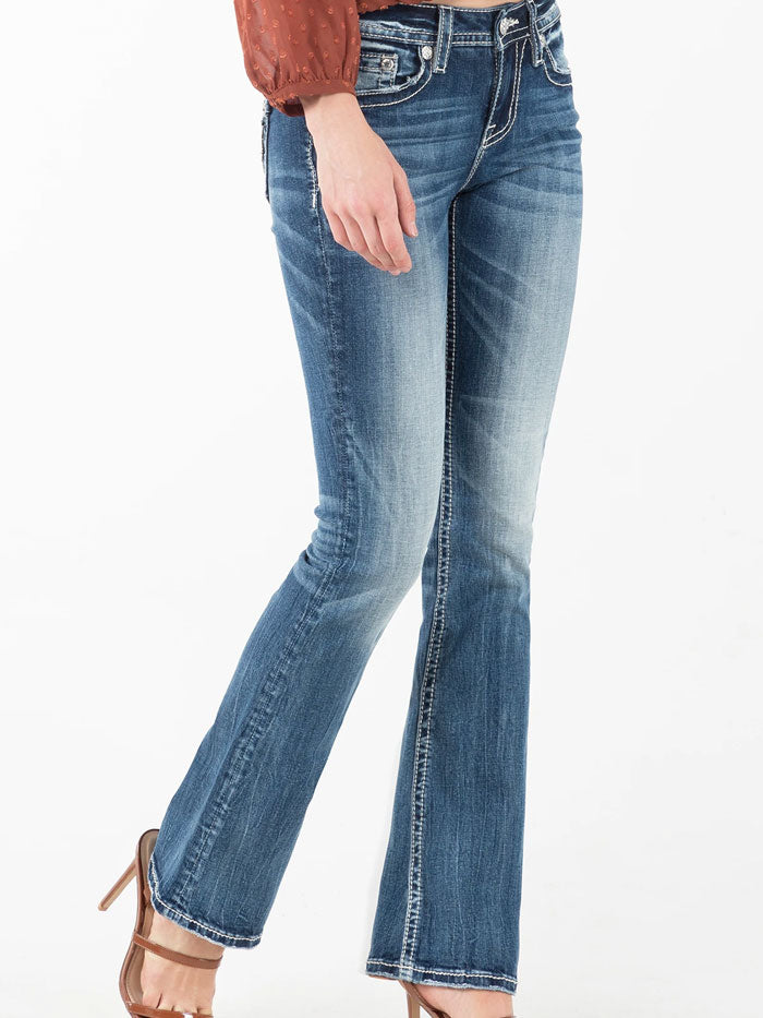 Miss Me M5082B111 Women's Sparkle Life Bootcut Jeans Medium Blue back close up. If you need any assistance with this item or the purchase of this item please call us at five six one seven four eight eight eight zero one Monday through Saturday 10:00a.m EST to 8:00 p.m EST