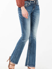 Miss Me M5082B111 Women's Sparkle Life Bootcut Jeans Medium Blue side view. If you need any assistance with this item or the purchase of this item please call us at five six one seven four eight eight eight zero one Monday through Saturday 10:00a.m EST to 8:00 p.m EST