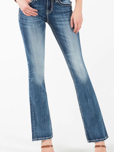 Miss Me M5082B111 Women's Sparkle Life Bootcut Jeans Medium Blue front view. If you need any assistance with this item or the purchase of this item please call us at five six one seven four eight eight eight zero one Monday through Saturday 10:00a.m EST to 8:00 p.m EST