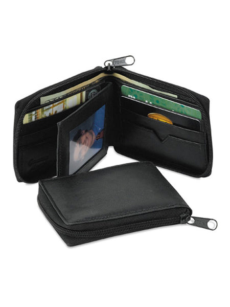 Western Express MIN-392 Zippered Billfold Wallet Black closed and open view. If you need any assistance with this item or the purchase of this item please call us at five six one seven four eight eight eight zero one Monday through Saturday 10:00a.m EST to 8:00 p.m EST