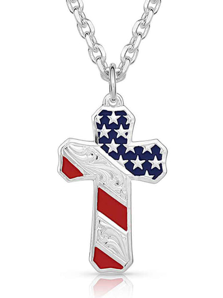 Montana Silversmiths NC3771 Born In the USA Patriotic Cross Necklace front view. If you need any assistance with this item or the purchase of this item please call us at five six one seven four eight eight eight zero one Monday through Saturday 10:00a.m EST to 8:00 p.m EST