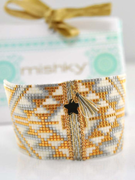 Mishky L4122 Womens Large Hand Woven Beaded Bracelet Gold front view. If you need any assistance with this item or the purchase of this item please call us at five six one seven four eight eight eight zero one Monday through Saturday 10:00a.m EST to 8:00 p.m EST