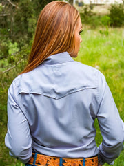 Hooey HT1613PL Womens Long Sleeve Pearl Snap with Lens Cleaner Violet back view on model. If you need any assistance with this item or the purchase of this item please call us at five six one seven four eight eight eight zero one Monday through Saturday 10:00a.m EST to 8:00 p.m EST