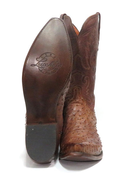 Lucchese N1062.54 Mens Pin Ostrich Cowboy Boots Barnwood Burnished sole and front view. If you need any assistance with this item or the purchase of this item please call us at five six one seven four eight eight eight zero one Monday through Saturday 10:00a.m EST to 8:00 p.m EST