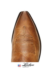 Lucchese N1547.54 Mens CRAYTON Mad Dog Snip Toe Boot Tan toe view from above. If you need any assistance with this item or the purchase of this item please call us at five six one seven four eight eight eight zero one Monday through Saturday 10:00a.m EST to 8:00 p.m EST