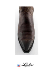 Lucchese N1556.54 Mens CORBIN Mad Dog Goat Snip Toe Boots Dark Chocolate Brown toe view. If you need any assistance with this item or the purchase of this item please call us at five six one seven four eight eight eight zero one Monday through Saturday 10:00a.m EST to 8:00 p.m EST