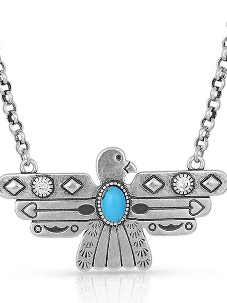 Montana Silversmiths NC4905 Rising Above Thunderbird Turquoise Necklace CLOSE UP. If you need any assistance with this item or the purchase of this item please call us at five six one seven four eight eight eight zero one Monday through Saturday 10:00a.m EST to 8:00 p.m EST