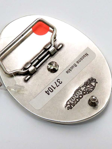 Nocona Oval Pink Camo Jumping Buck Belt Buckle 37104 back view. If you need any assistance with this item or the purchase of this item please call us at five six one seven four eight eight eight zero one Monday through Saturday 10:00a.m EST to 8:00 p.m EST