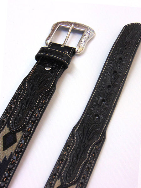 Nocona N210002706 Mens Southwest Fabric Western Belt Buck Lace Grey buckle and tip view. If you need any assistance with this item or the purchase of this item please call us at five six one seven four eight eight eight zero one Monday through Saturday 10:00a.m EST to 8:00 p.m EST