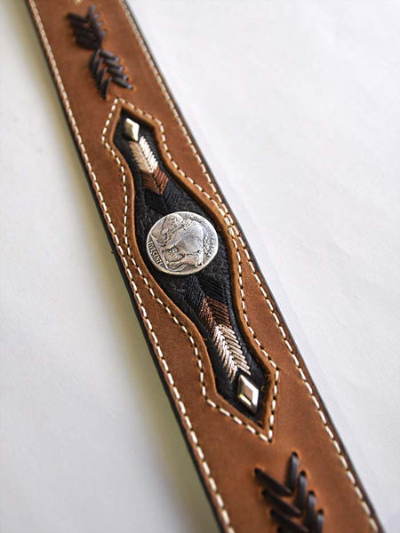 Nocona N2412044 Mens Buffolo Conchos Leather Western Belt Brown close up view of conchos. If you need any assistance with this item or the purchase of this item please call us at five six one seven four eight eight eight zero one Monday through Saturday 10:00a.m EST to 8:00 p.m EST
