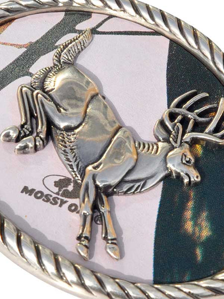 close up view of Nocona Oval Pink Camo Jumping Buck Belt Buckle 37104. If you need any assistance with this item or the purchase of this item please call us at five six one seven four eight eight eight zero one Monday through Saturday 10:00a.m EST to 8:00 p.m EST