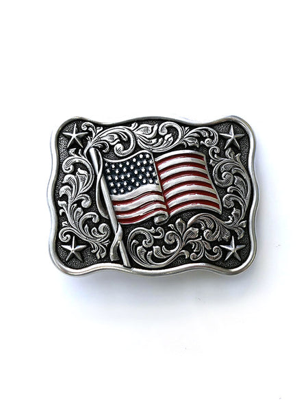 Nocona 37706 Rectangle Smooth Edge Scroll Stars USA Flag Belt Buckle Front View. If you need any assistance with this item or the purchase of this item please call us at five six one seven four eight eight eight zero one Monday through Saturday 10:00a.m EST to 8:00 p.m EST