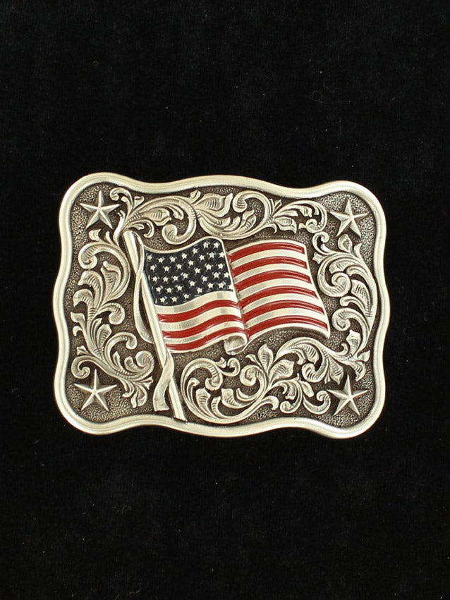 Nocona 37706 Rectangle Smooth Edge Scroll Stars USA Flag Belt Buckle Front View. If you need any assistance with this item or the purchase of this item please call us at five six one seven four eight eight eight zero one Monday through Saturday 10:00a.m EST to 8:00 p.m EST