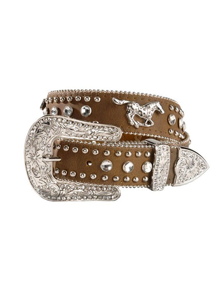 Nocona N4427644 Kids Crystal Horse Leather Belt Brown front view. If you need any assistance with this item or the purchase of this item please call us at five six one seven four eight eight eight zero one Monday through Saturday 10:00a.m EST to 8:00 p.m EST