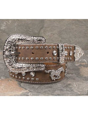 Nocona N4427644 Kids Crystal Horse Leather Belt Brown front view. If you need any assistance with this item or the purchase of this item please call us at five six one seven four eight eight eight zero one Monday through Saturday 10:00a.m EST to 8:00 p.m EST