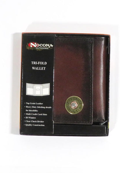 Nocona N5429902 Mens 12 Gauge Outdoor TriFold Leather Wallet Brown in box. If you need any assistance with this item or the purchase of this item please call us at five six one seven four eight eight eight zero one Monday through Saturday 10:00a.m EST to 8:00 p.m EST