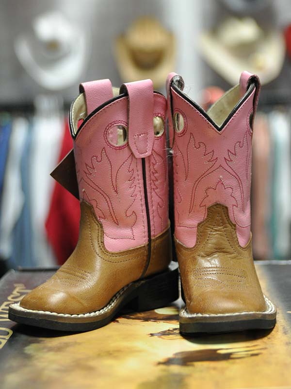 Old West BSI1839 Kids Toddler Infant Cowgirl Boot Pink And Brown front and inner side view. If you need any assistance with this item or the purchase of this item please call us at five six one seven four eight eight eight zero one Monday through Saturday 10:00a.m EST to 8:00 p.m EST