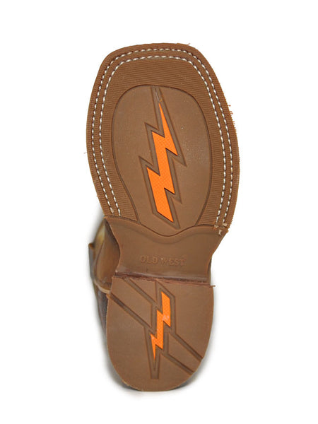 Old West BSC1845 Kids Rubber Corded Distress Cowboy Boots Brown sole view. If you need any assistance with this item or the purchase of this item please call us at five six one seven four eight eight eight zero one Monday through Saturday 10:00a.m EST to 8:00 p.m EST
