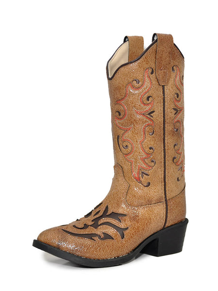 Old West VJ9113 Girls Inlay Round Toe Cowgirl Boots Tan front and side view. If you need any assistance with this item or the purchase of this item please call us at five six one seven four eight eight eight zero one Monday through Saturday 10:00a.m EST to 8:00 p.m EST