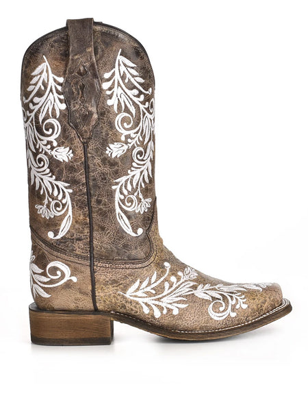 Corral A4063 Womens Embroidery Glow Collection Western Boot Square Toe Brown White outter side view. If you need any assistance with this item or the purchase of this item please call us at five six one seven four eight eight eight zero one Monday through Saturday 10:00a.m EST to 8:00 p.m EST