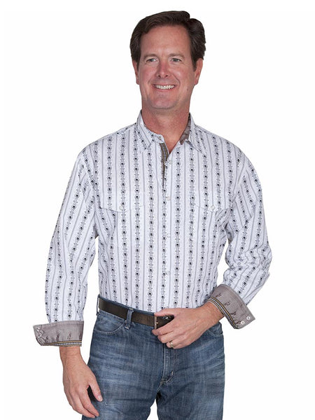 Scully PS-093-WHT Mens Skull Stripe Western Shirt White front view. If you need any assistance with this item or the purchase of this item please call us at five six one seven four eight eight eight zero one Monday through Saturday 10:00a.m EST to 8:00 p.m EST