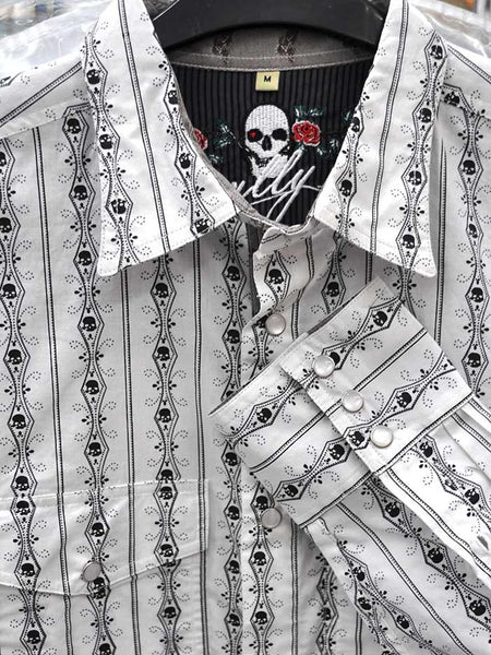 Scully PS-093-WHT Mens Skull Stripe Western Shirt White cuff and collar close up. If you need any assistance with this item or the purchase of this item please call us at five six one seven four eight eight eight zero one Monday through Saturday 10:00a.m EST to 8:00 p.m EST