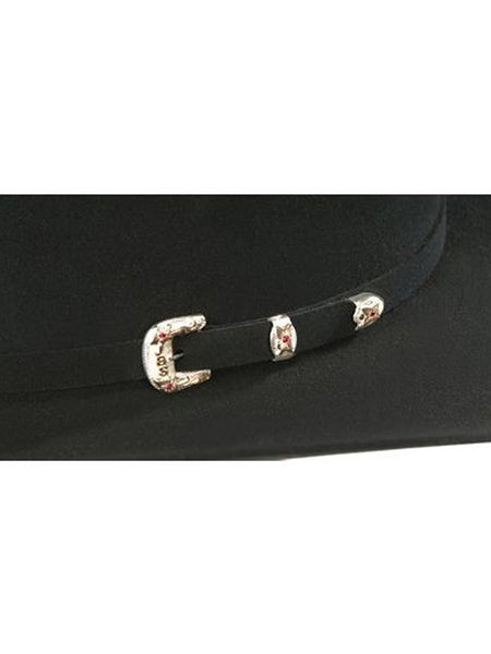 Stetson SFEPTN-774007 El Patron 30X Premier Felt Hat Black buckle close up view. If you need any assistance with this item or the purchase of this item please call us at five six one seven four eight eight eight zero one Monday through Saturday 10:00a.m EST to 8:00 p.m EST