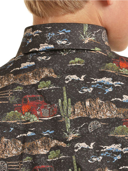 Panhandle B8S1316 Kids Dale Brisby Long Sleeve Snap Shirts Black back view. If you need any assistance with this item or the purchase of this item please call us at five six one seven four eight eight eight zero one Monday through Saturday 10:00a.m EST to 8:00 p.m EST