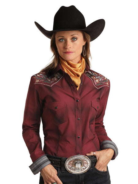 Panhandle R4S1219 Womens Long Sleeve Floral Yoke Embroidery Shirts Ombre Plaid FRONT