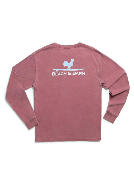 Beach and Barn ROOSTER-LS-MAR Surfing Rooster Long Sleeve Pocket Tee Maroon back view. If you need any assistance with this item or the purchase of this item please call us at five six one seven four eight eight eight zero one Monday through Saturday 10:00a.m EST to 8:00 p.m EST