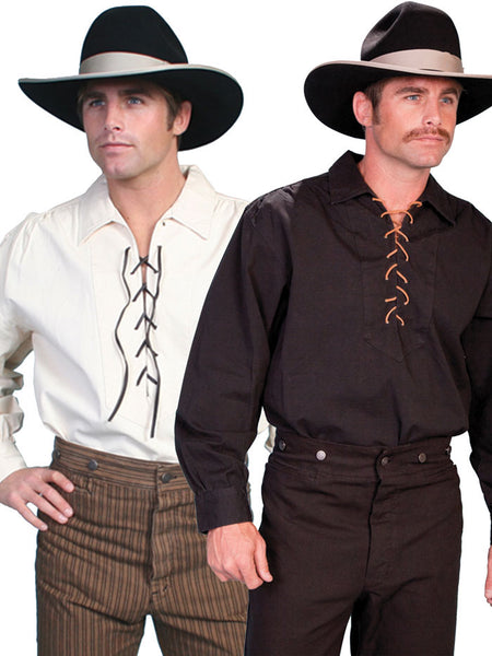 Scully RW021 Mens RangeWear Leather Lace Up Western Shirt front view natural and black on models. If you need any assistance with this item or the purchase of this item please call us at five six one seven four eight eight eight zero one Monday through Saturday 10:00a.m EST to 8:00 p.m EST