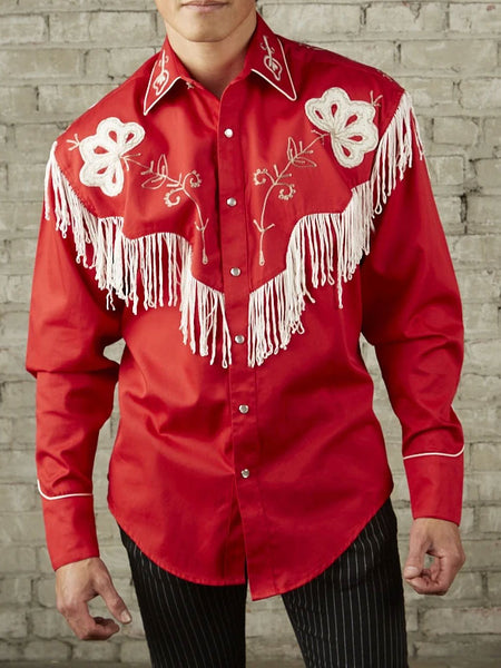 Rockmount 6723-RED Mens Vintage Fringe Embroidered Western Shirt Red front view. If you need any assistance with this item or the purchase of this item please call us at five six one seven four eight eight eight zero one Monday through Saturday 10:00a.m EST to 8:00 p.m EST