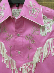 Rockmount 8723 Kids Embroidered Fringe Long Sleeve Western Shirt Pink close up. If you need any assistance with this item or the purchase of this item please call us at five six one seven four eight eight eight zero one Monday through Saturday 10:00a.m EST to 8:00 p.m EST