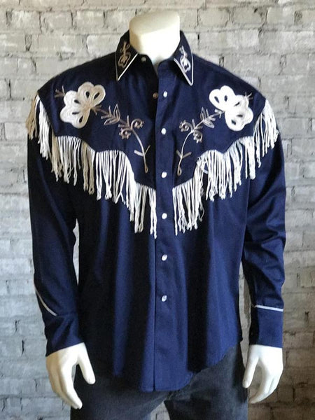 Rockmount 6723-NVY Mens Vintage Fringe Embroidered Western Shirt Navy Front View. If you need any assistance with this item or the purchase of this item please call us at five six one seven four eight eight eight zero one Monday through Saturday 10:00a.m EST to 8:00 p.m EST