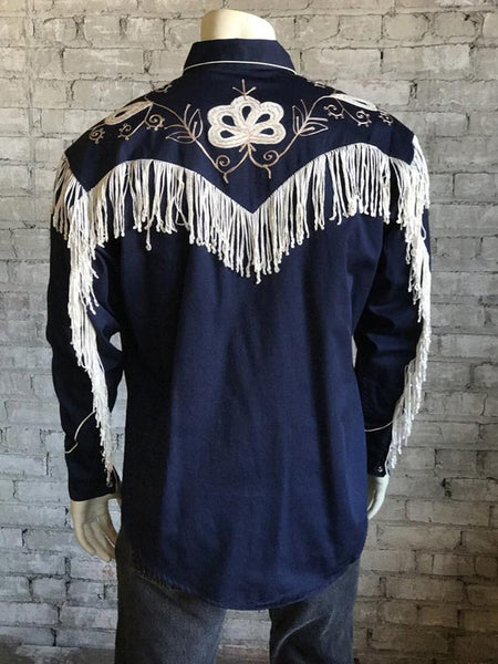 Rockmount 6723-NVY Mens Vintage Fringe Embroidered Western Shirt Navy Back View. If you need any assistance with this item or the purchase of this item please call us at five six one seven four eight eight eight zero one Monday through Saturday 10:00a.m EST to 8:00 p.m EST