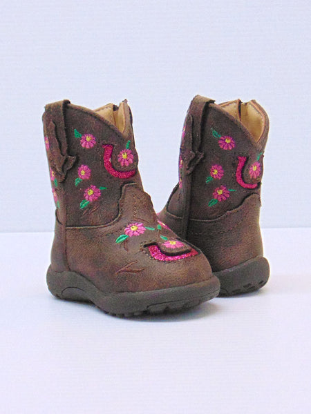 Roper 09-016-1903-2171 Infants Floral Embroidery Lucky Horseshoe Cowbabies Boots Brown side / front / back view. If you need any assistance with this item or the purchase of this item please call us at five six one seven four eight eight eight zero one Monday through Saturday 10:00a.m EST to 8:00 p.m EST