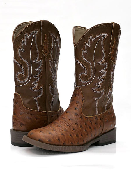 Roper 0807TA Kids BUMPS Ostrich Print Square Toe Western Boot Tan side and back view. If you need any assistance with this item or the purchase of this item please call us at five six one seven four eight eight eight zero one Monday through Saturday 10:00a.m EST to 8:00 p.m EST