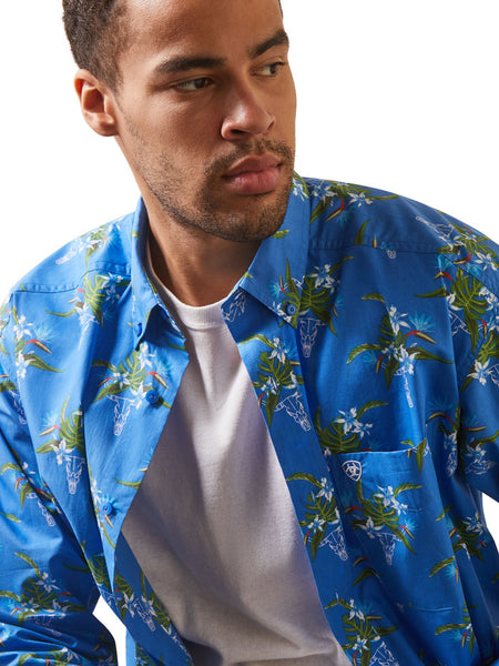 Ariat 10043790 Mens Logan Classic long Sleeve Shirt Neoprene Blue close up. If you need any assistance with this item or the purchase of this item please call us at five six one seven four eight eight eight zero one Monday through Saturday 10:00a.m EST to 8:00 p.m EST